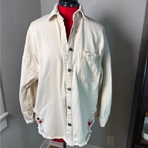 Zara Distressed Denim Shacket Women’s Small Oversized Cream Button Down Jacket